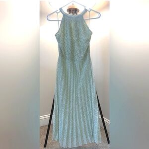 NWT JAPNA Green/White Floral Halter-Style Midi Dress Chiffon Lined Pleated Sz SM